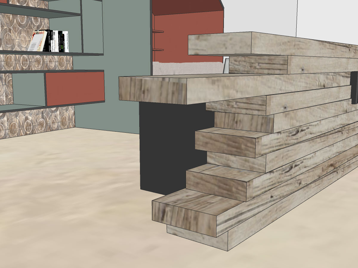 Reception desk for a hotel made of raw wood planks